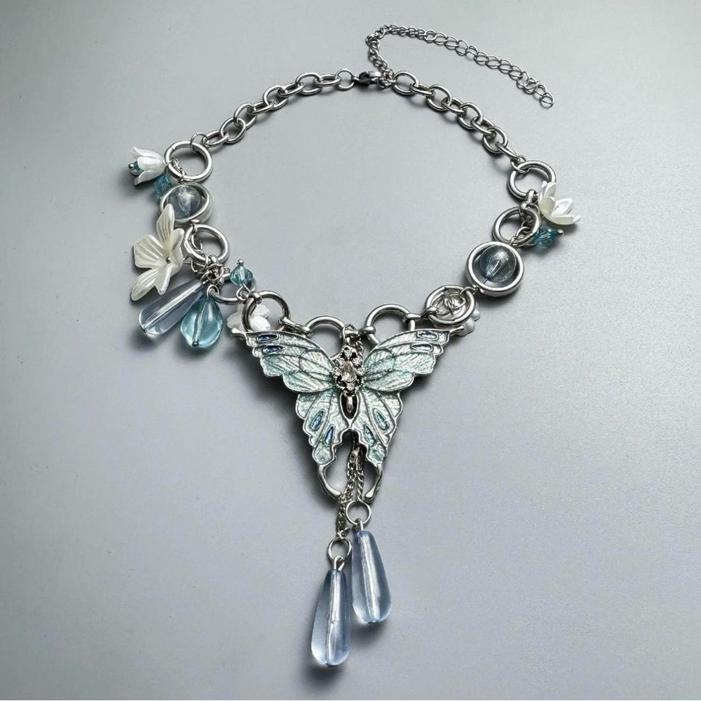 Blue Crystal Butterfly Flower Choker Necklace - Picture 3 of 5